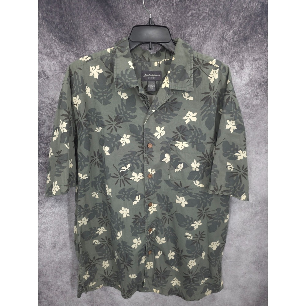 Eddie Bauer  Shirt Men Large‎ Tall Green Button Up Floral Vacation Cotton